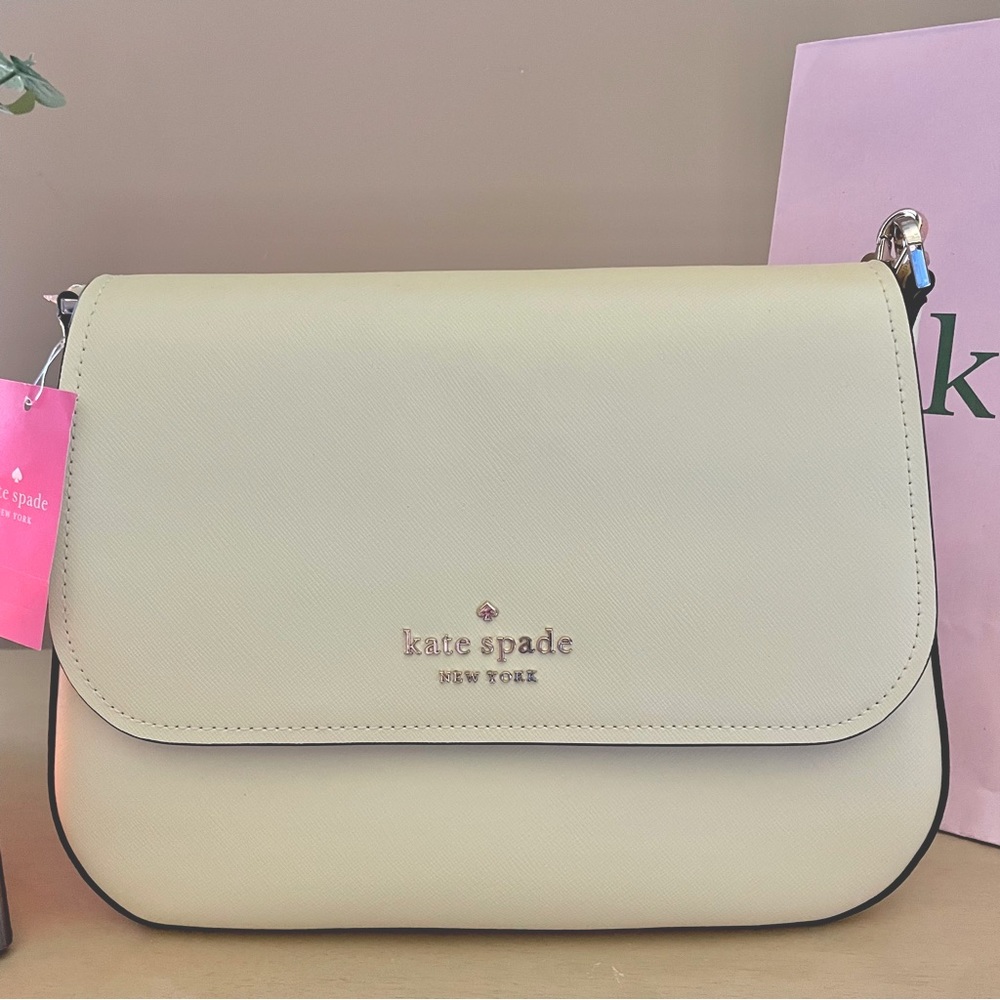 Kate Spade Leather Flap Cream Bag Medium NWT Lemon Fondant Staci Saffiano